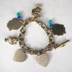 Charm Bracelet Goldtone Chain Vintage 1970s Graduation Heart Globe Valentine